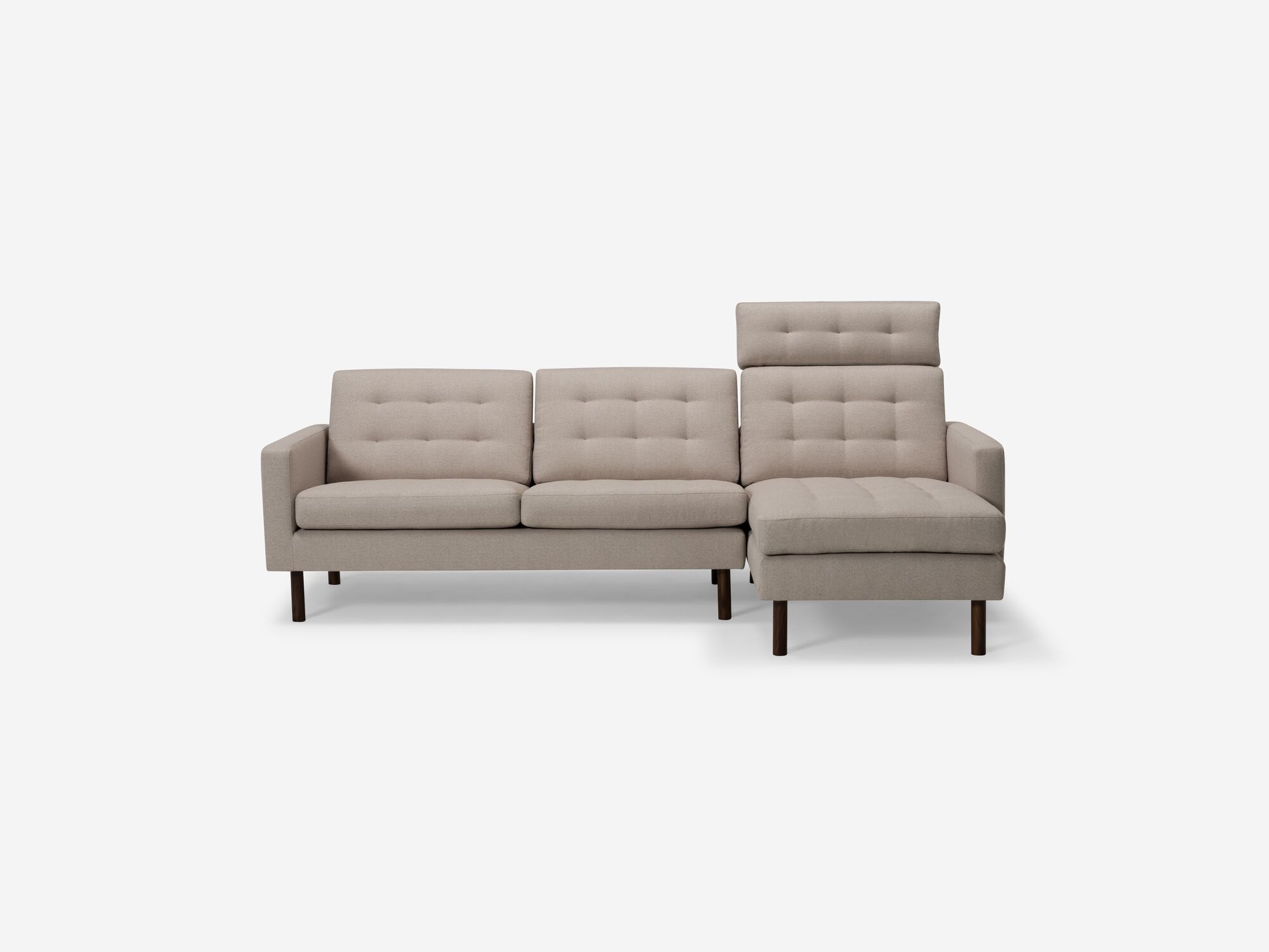 Beige tufted mid century sectional sofa front view